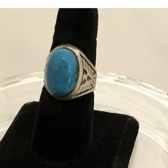 Fred Harvey Era Navajo Double Thunderbird Sterling Turquoise Ring Sz 6.75 - Picture 6 of 10